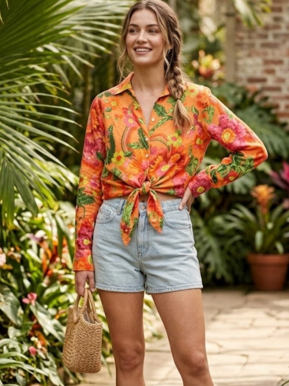 Cynthia Rowley Orange Floral Tie-Front Button Down Shirt